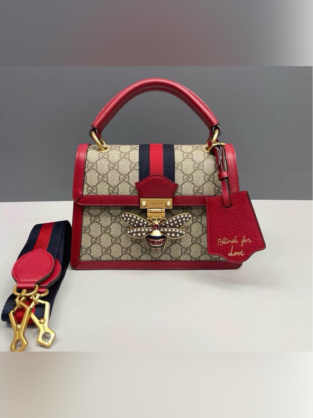 Gucci Red GG Supreme Bee Top Handle Satchel